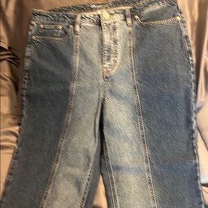 Stylish Blue Flare Wide Leg Jeans with Natural Fade